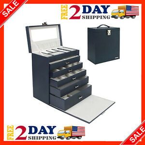 6 Layers Jewelry Organizer Fully Locking Large Jewelry Box with Royal Blue