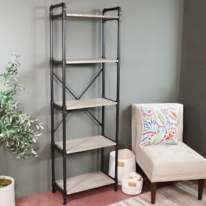 Sunnydaze 5-Tier Black Pipe Bookshelf - Wood Veneer Shelves - Oak Gray