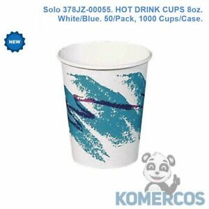 Solo 378JZ-00055. HOT DRINK CUPS 8oz. White/Blue. 50/Pack, 1000 Cups/Case.