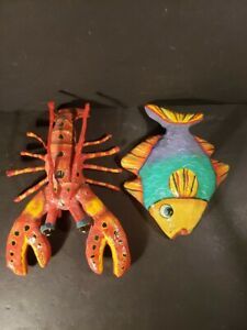 Paper Mache Lobster Fish Wall Hang Seafood Restaurant Decor Set 2 Rare Vintage