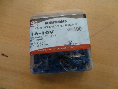 100 new vinyl insulated ring terminal r16-10v nsi wire 600v 16-14  105c stud 10 for sale