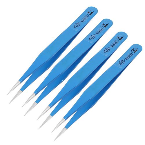 Metal 4.8&#034; length anti-static straight tweezer maintenance tool blue 4pcs for sale