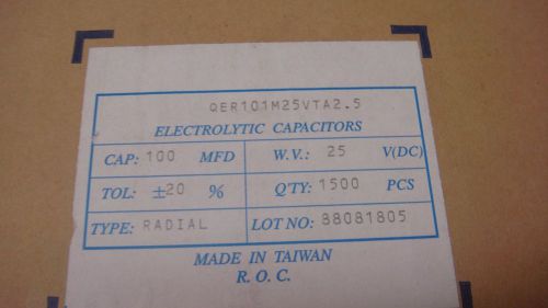 100uf 25vdc radial 85 deg capacitor qvs  1500 caps/box on tape for sale