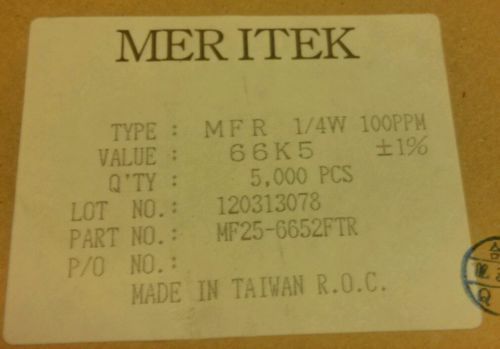 5000pcs Meritek Metal Film 66k5 ohm 1% 1/4W Resistor MF