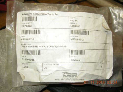 1250 ~ 2-56 x 3/16  Stainless Phillips Pan Head Machine Screws MS51957-2 ~ CRES