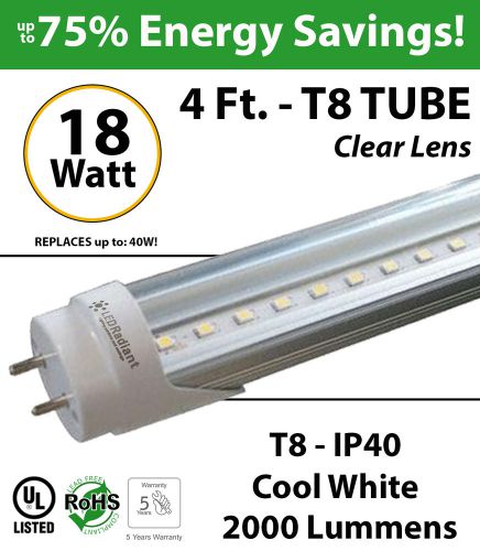 18W, 4Ft, LED Tube, 2000Lm, T8, 6000K, Clear, UL.