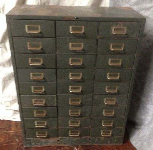 Industrial metal parts cabinet 27 draws vintage green 30&#034; x 38&#034; storage bins
