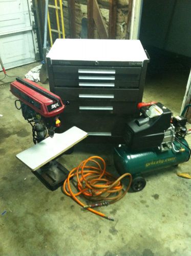 Kennedy roller tool box with skil drill press and grizzly air compressor for sale