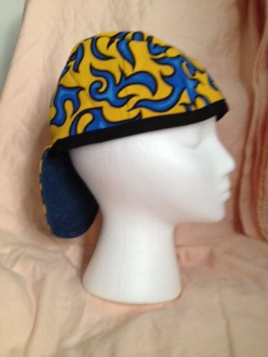 WELDING CAP, PIPE FITTER,~~~BLUE/YELL  FLAMES~~~~~~~~~~  &#034;&#034;new fabric&#034;&#034;