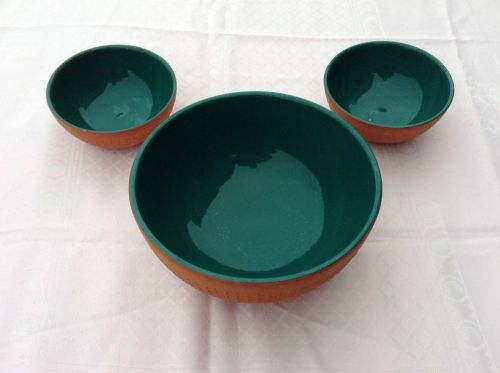 Beautiful Set of 3 Terracotta Pottery Bowls Green Interior Potpourri Fruit VGC