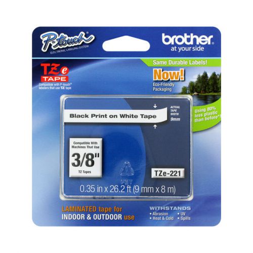 Brother P-Touch Adhesive Laminated Labeling Tape, 3/8&#034;, Black on White, 3 Each