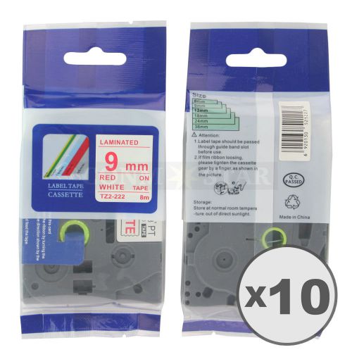 10pk Red on White Tape Label Compatible for Brother P-Touch TZ 222 TZe 222 9mm