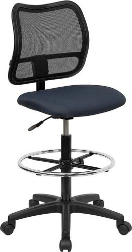 Mid-back mesh drafting stool with navy blue fabric seat for sale
