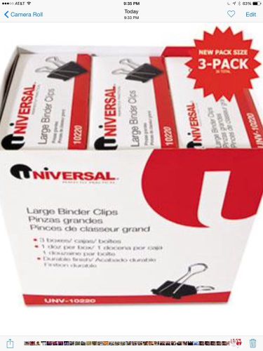 Universal one large binder clips, steel wire, 1&#034; capacity, 2&#034; wide, black/silver for sale