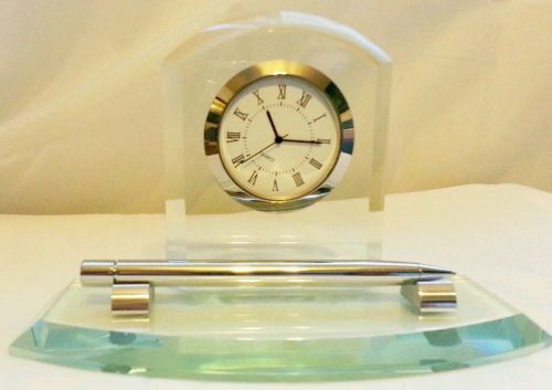 Award -elegant crystal desk set w/ clock &amp; engraved plate.   free engraving!!!! for sale