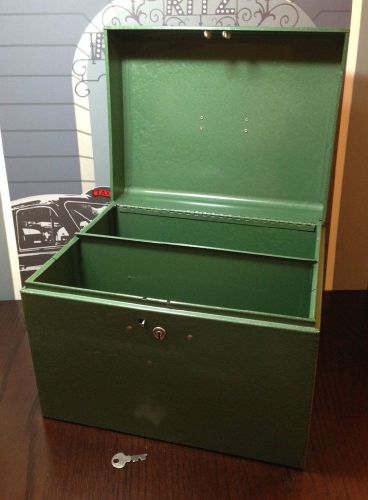 Vintage metal large green office file box industrial storage with key &amp; lock 10&#034; for sale