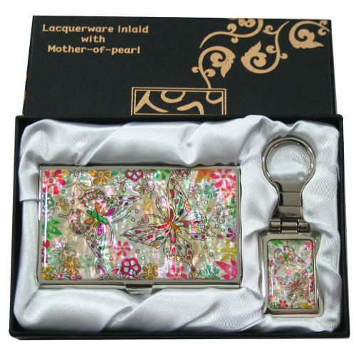 Mother of pearl butterfly  business card holder key chainkey ring gift set #25-1 for sale