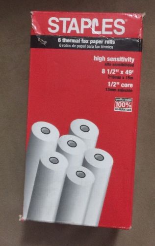 STAPLES 6 THERMAL FAX PAPER ROLLS 8 1/2&#034; x 49&#039; X 1/2&#034; core 473048-US NEW
