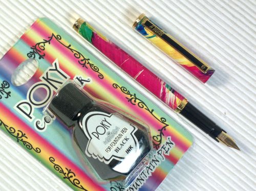 POKY bottle ink + Yunily colourful barrel fountain pen PINK barrel BLACK ink