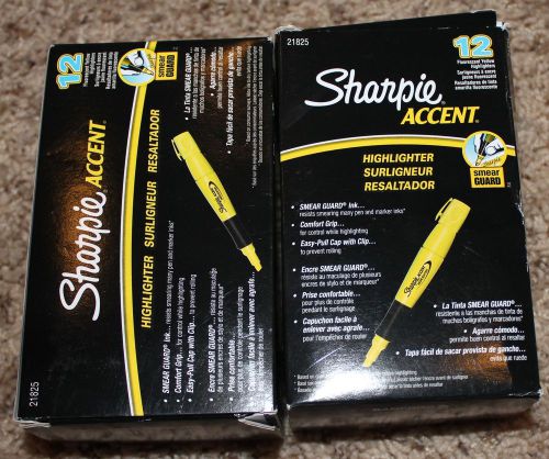 24 (2, 12 per pack) Sharpie Accent Flourescent Yellow Highlighters Smear Guard