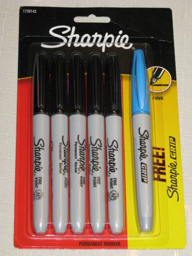 Pack of 5 Black + 1 Free Blue Grip Sharpie Fine Point PERMANENT MARKERS New