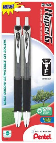 HyperG Retractable Gel Roller Pen 0.5mm Fine Line Permanent Black Ink 2 Pack