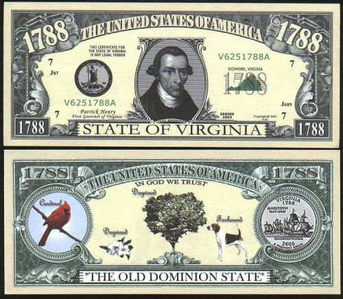 VIRGINIA STATE QUARTER NOVELTY BILL - Lot of 10 Bills