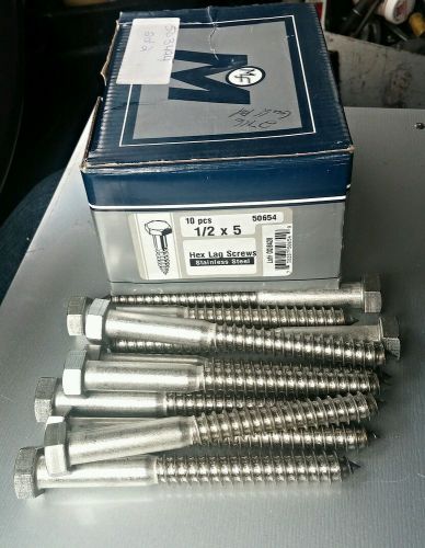 NEW IN BOX -10 pcs. 1/2&#034; x  5&#034; Hex Head STAINLESS STEEL HEX LAG SCREWS