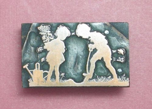 Young Boy and Girl Planting Flower Plant Image Letterpress Printing Print Block