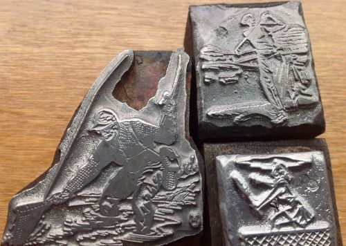 3  fly fisherman-golfer-tennis player -vintage  metal on wood  printing blocks for sale