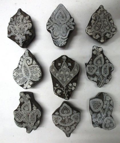 LOT OF 9 WOODEN HAND CARVED TEXTILE PRINTING ON FABRIC BLOCK STAMP FINE PATTERNS