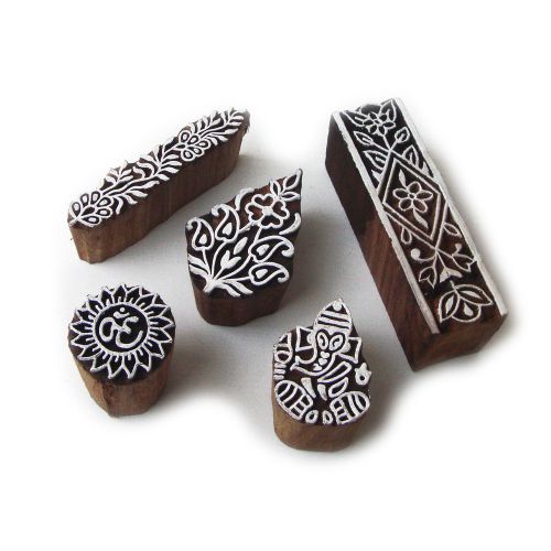 Hand carved floral &amp; religious pattern wooden printing tags (set of 5) for sale
