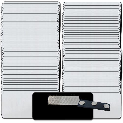 100 BLANK 1 1/2 X 3 SILVER NAME BADGES TAGS 1/8&#034; CORNERS &amp; MAGNETIC FASTENERS