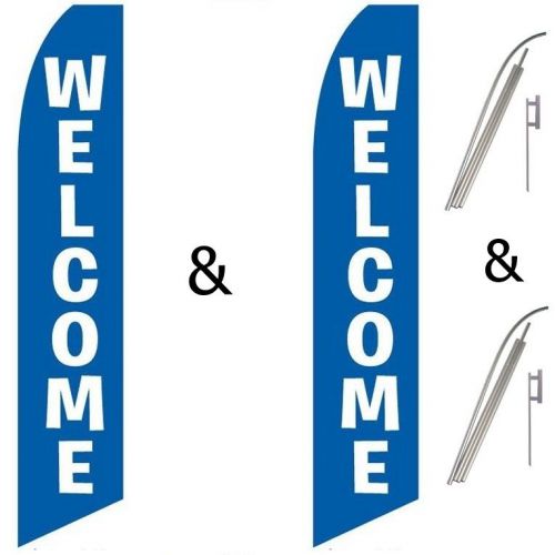 2 Swooper Flag Pole Kits Welcome Blue With White Text