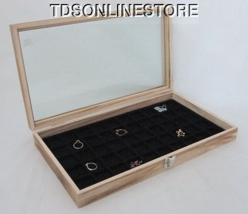 Rustic Antique Oak Color 50 Slot Jewelry Glass Top Display Case Black
