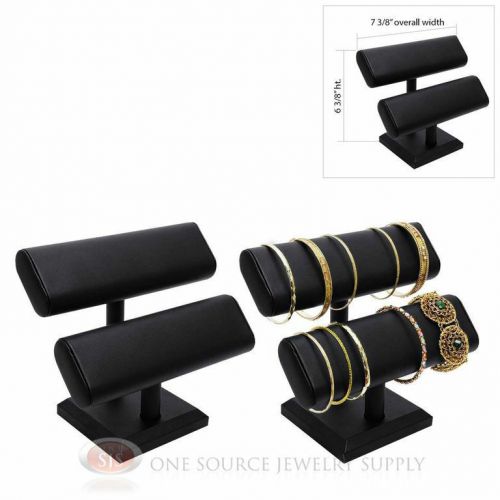 (2) 6 3/8&#034; black leather 2 tier t-bar oval jewelry bracelet display presentation for sale