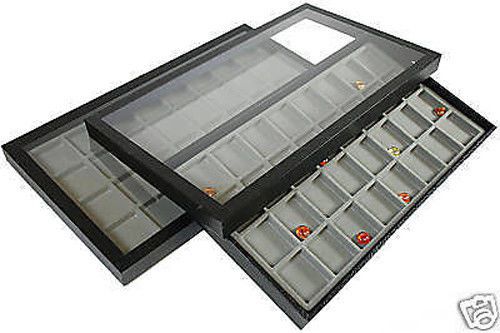 64 COMPARTMENT ACRYLIC LID JEWELRY DISPLAY CASE GRAY