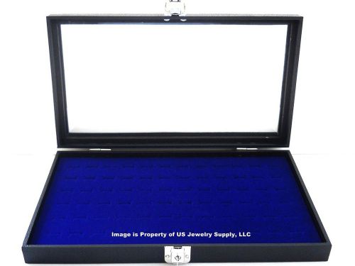 Key Lock Locking Glass Top Lid 72 Ring Blue Jewelry Display Box Storage Case