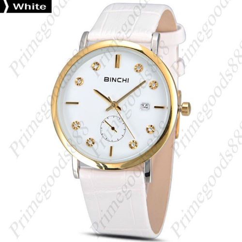 Thin gold rhinestones date quartz wrist analog sub dial men&#039;s wristwatch white for sale