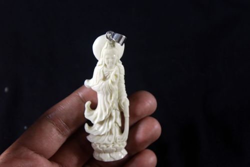 Bali Bone Carving Pendant Guanyin Goddess of Mercy Hand Carved w 925 Silver 01
