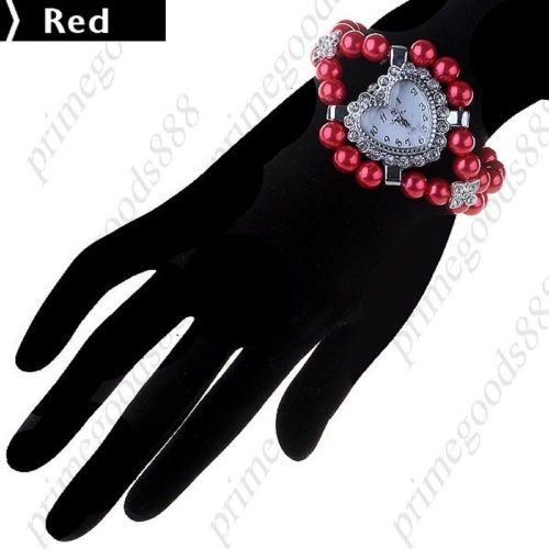 Heart Rhinestones Crystals Beads Chain Quartz Wrist Wristwatch Women&#039;s Red