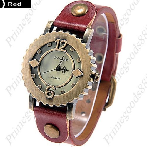 Gear pu leather round quartz free shipping wrist wristwatch women&#039;s red for sale