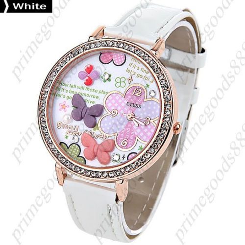 PU Leather Round Butterfly Quartz Wrist Wristwatch Free Shipping Women&#039;s White