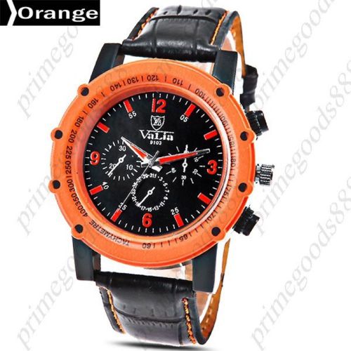 PU Leather 3 False Sub Dials Quartz Wrist Men&#039;s Wristwatch Orange