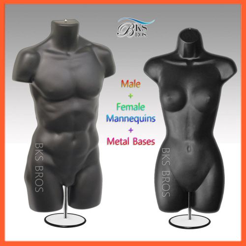 2 Mannequins Man + Woman Body Dress Form Black Display Clothing Stand Hanging