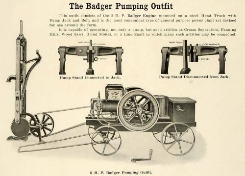 1912 Ad Antique Badger Pumping Outfit Engine Pump Belt Hand Truck Farm LAC2