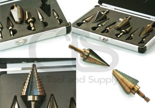 9 pc sae step uni drill bit set with hex quick change shank, aluminum carry case for sale