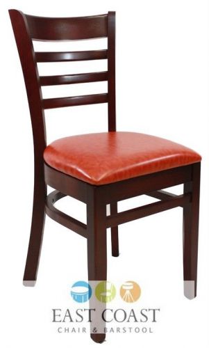 New wooden mahogany ladder back restaurant chair with orange vinyl seat for sale