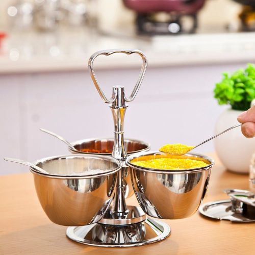 Stainless steel revolving server 3 bowls condiment cruet set seasoning with lids for sale