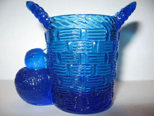 blue glass toothpick match holder chicken hen chick bird peep farm basket / aqua